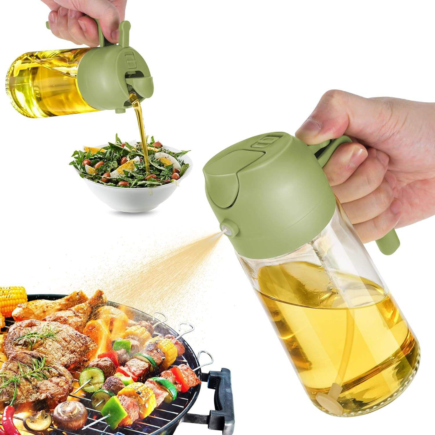 Luxury 2-in-1 Glass Oil/Vinegar Dispenser Multifunction Kitchen Cooking Oil Sprayer for Baking Includes Olive Oil Sprayer Tool